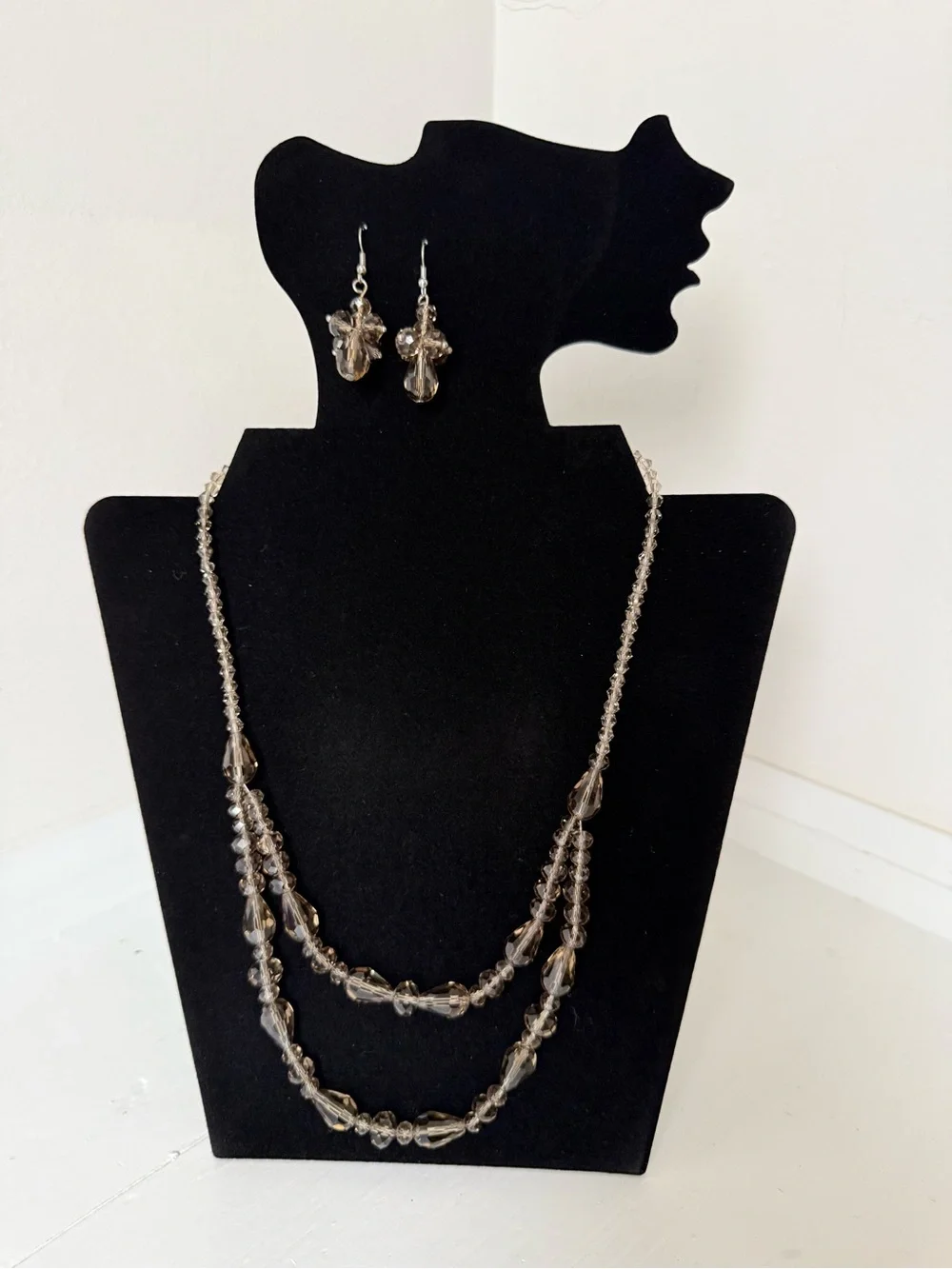 Smoky Bead Layered Necklace & Earrings Set - Unbranded